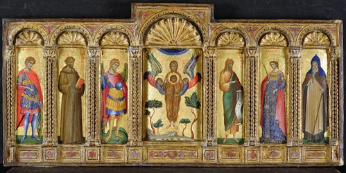 Triptych with Mary Magdalen holding the head of Christ, flanked by saints